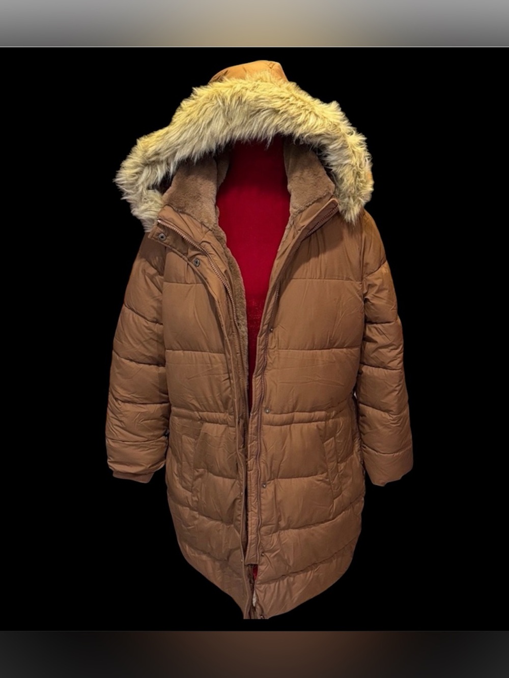 #20. Hollister Long Tan Puffer Coat with Fur Trim. Xxl